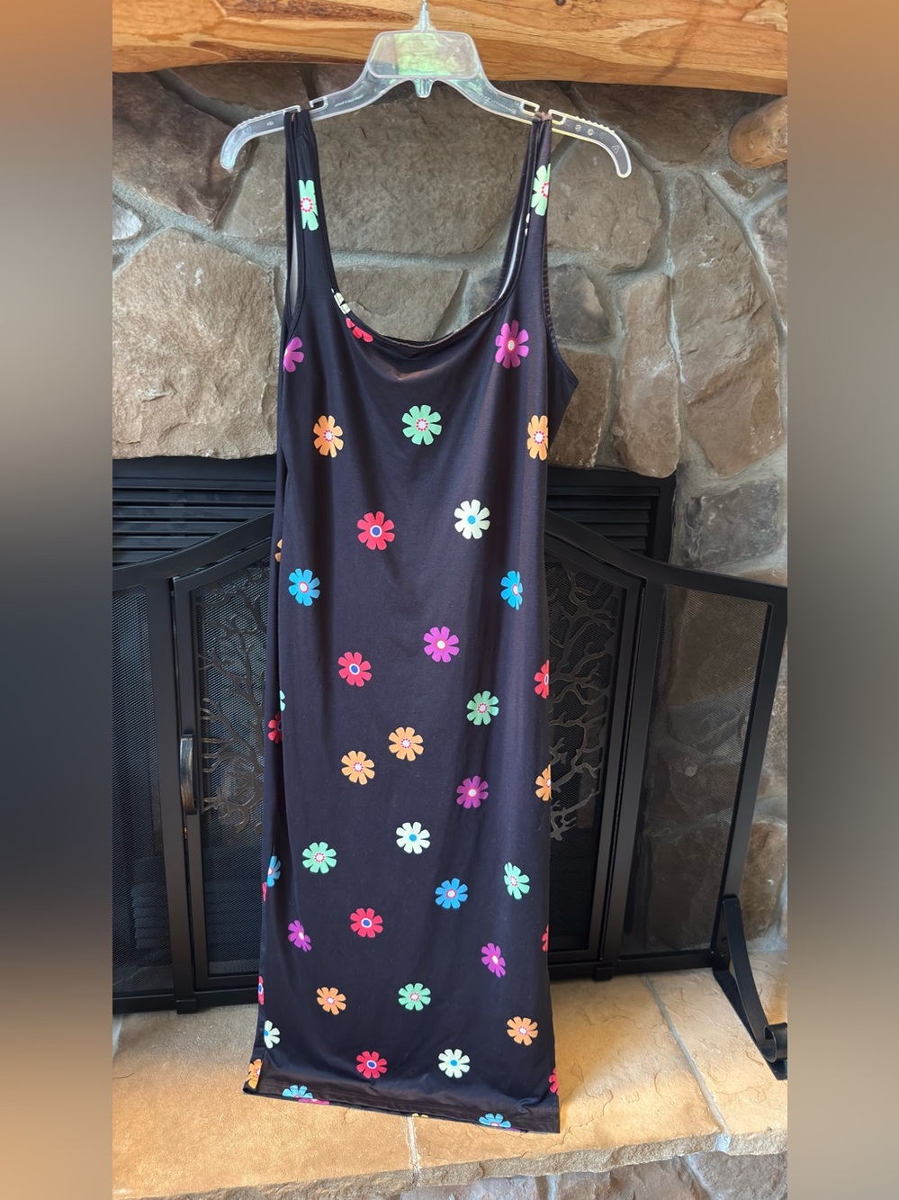 SHEIN Black Floral Slip Midi Dress with Multicolor Daisy Print - Picture 7 of 8